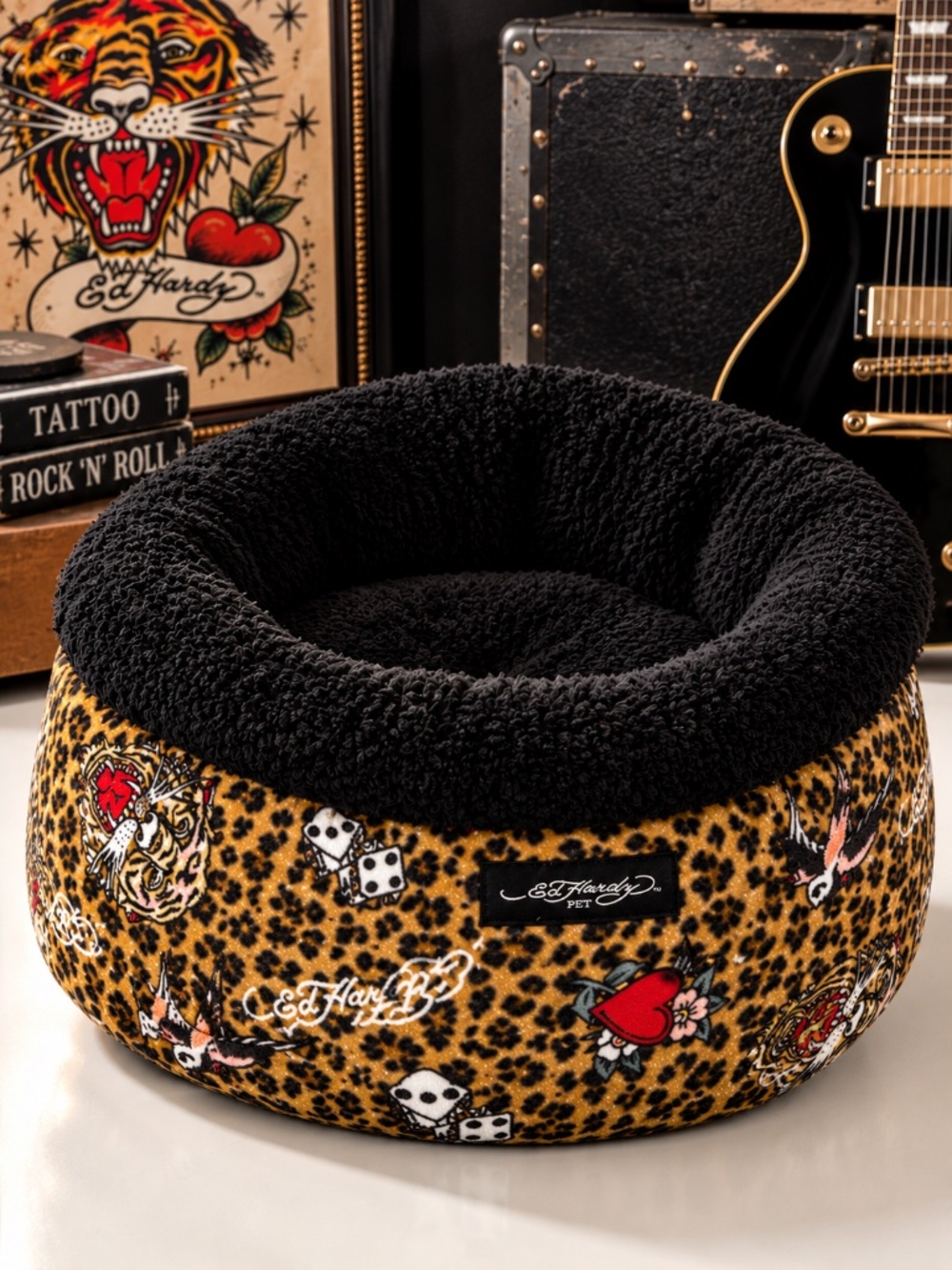 Ed Hardy Pet Cat Cup Bed Small Reversible Leopard Print Plush 18x9 NWT